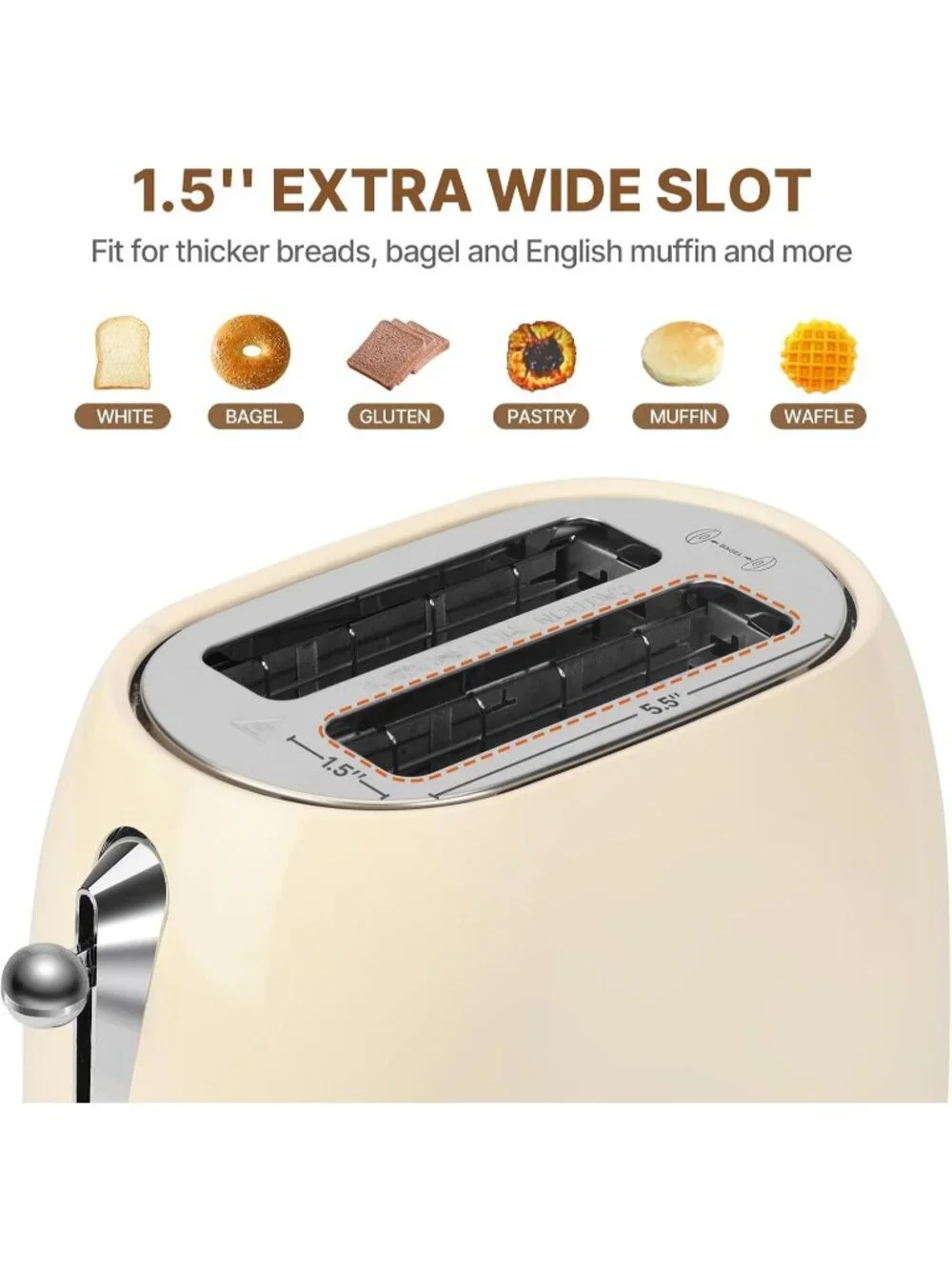 2 Slice Cream Touch Screen Retro 1.5'' Extra Wide Slot Stainless Steel Toaster
